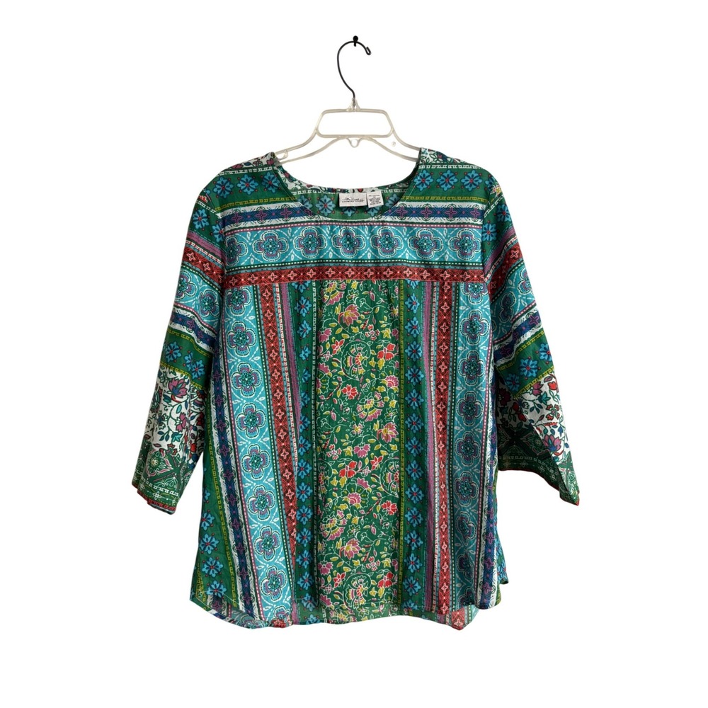 Vermont Country Store Womens Green Floral Cotton Tunic Top Boho Blouse M